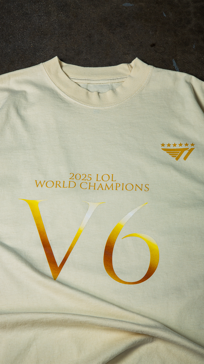 T1 2025 World Champions V6 Drop Shoulder T-Shirt- Cream – T1 Shop T1 2025 World Champions V6 Drop Shoulder T-Shirt- Cream – T1 Shop