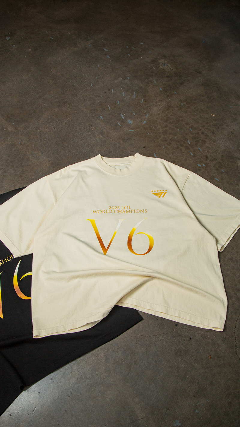 T1 2025 World Champions V6 Drop Shoulder T-Shirt- Cream