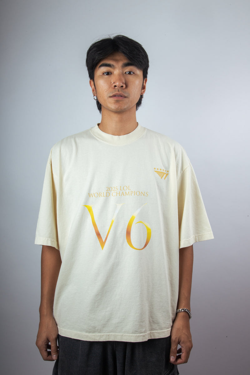 T1 2025 World Champions V6 Drop Shoulder T-Shirt- Cream