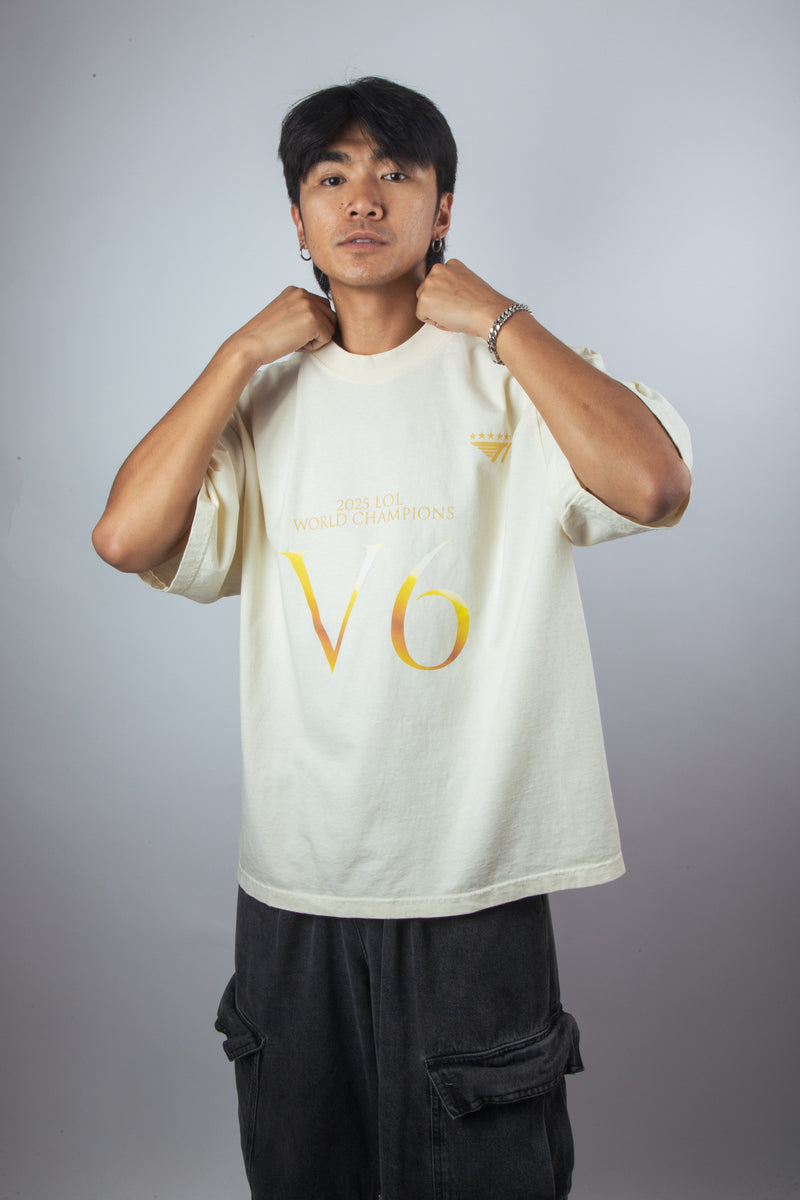 T1 2025 World Champions V6 Drop Shoulder T-Shirt- Cream